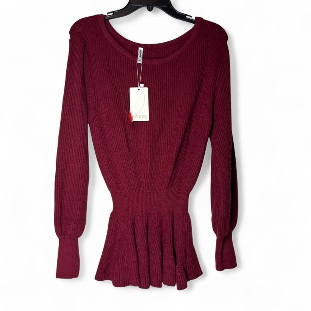 ePretty Womens XL Burgundy Ribbed Babydoll Peplum‎ Pullover Sweater Synched NWT